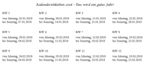 Kalenderwochen 2018 Übersicht als Aufklebervorlage